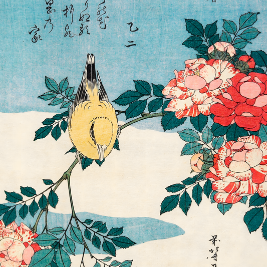 Katsushika Hokusai - Warbler and Roses - gerahmter Druck