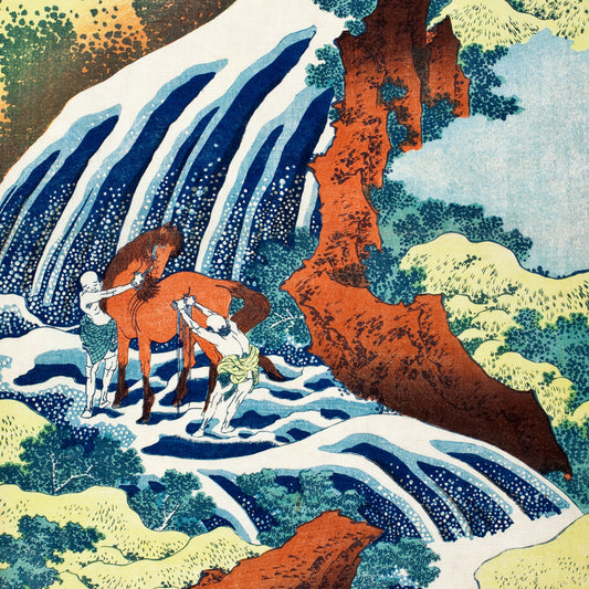 Katsushika Hokusai - Waterfall Where Yoshitsune Washed His Horse at Yoshino - gerahmter Druck